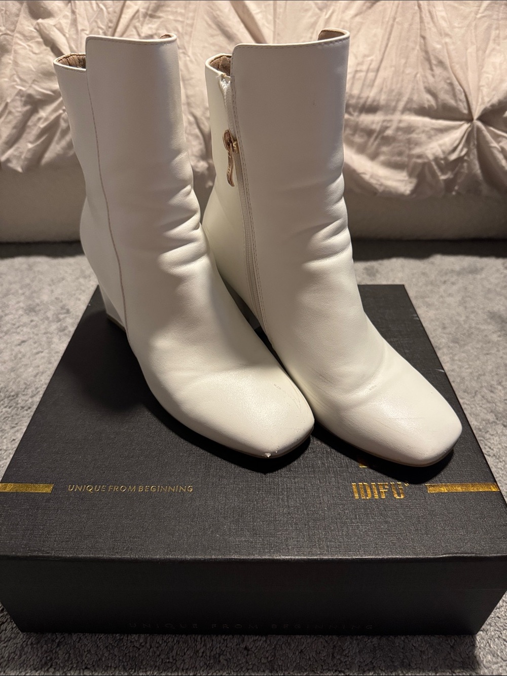 IDIFU White Wedge Ankle Boots with Side Zip